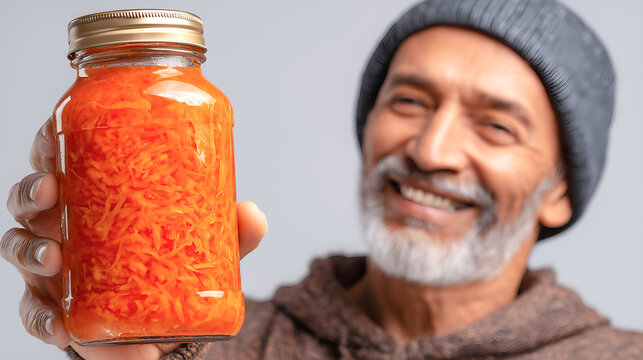 Elderly man with gray beard wearing a beanie holds a jar of vibrant orange shredded carrots, showcasing homemade preservation techniques and healthy eating habits - Powered by Adobe