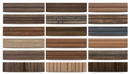 Collage of various wooden surfaces.  Different shades & textures of wood planks and stone