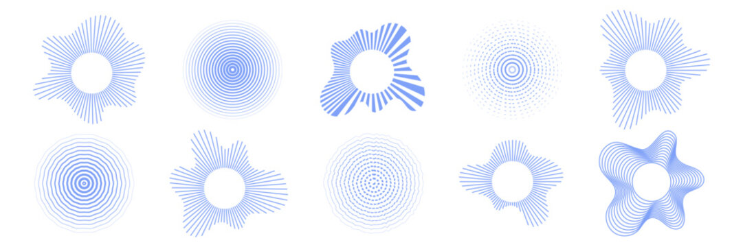 Set of radiate echo patterns. Blue concentric circular and radial shockwave collection.