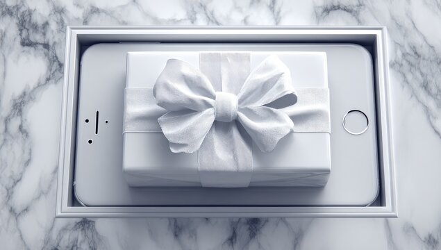 A monochrome gift-wrapped smartphone nestled in a white box on marble - Powered by Adobe