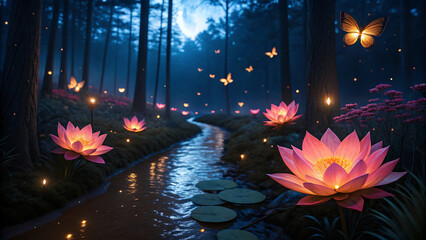 A magical forest scene with glowing lotus flowers, butterflies, and a moonlit stream at night