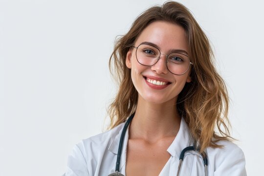 Happy female doctor wearing a stethoscope smiling warmly in a bright, clean clinical environment with white background - Powered by Adobe