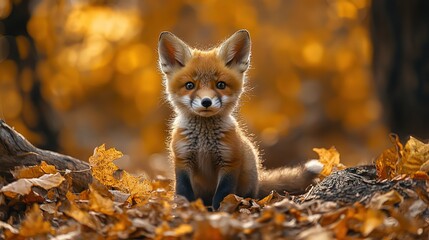 Young Red Fox Sitting Among Autumn Leaves in Forest 