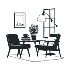 Minimalist black and white living room with modern armchairs and decor