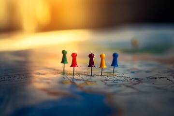 Five colorful push pins marking destinations on a detailed roadmap under golden light