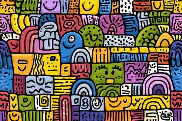 Colorful cartoon doodles create a vibrant horizontal stripe pattern featuring abstract shapes and playful designs that capture a cheerful artistic style
