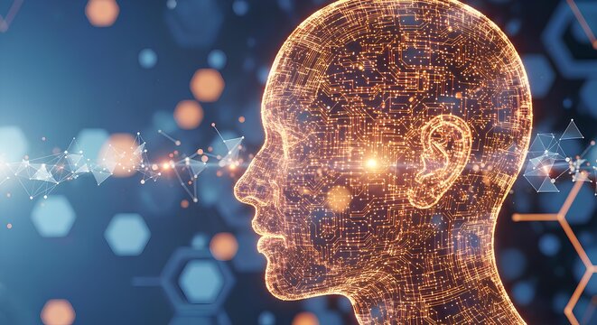 A digital representation of a human head profile, glowing with intricate network connections, highlighting brain activity.