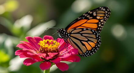 Fototapeta premium Monarch Butterfly on Flower: A vibrant monarch butterfly perches delicately upon a vivid, multi-petaled flower, showcasing its intricate wings and natural beauty.