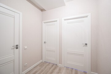 modern interior showcases three white panel doors in a hallway with wood-look flooring and textured beige walls