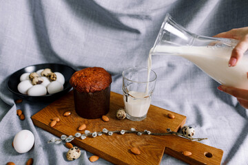 Traditional Easter cakes (kulich) with glaze, nuts, and dried fruits. Rustic still lifes with milk, eggs, willow branches, gift boxes, and festive decorations for Orthodox Easter celebration.