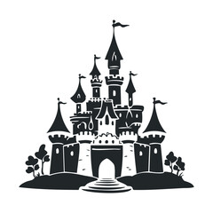 Fantasy castle silhouette with towers and flags on white background