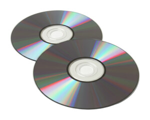 Reflective surface of two compact discs displaying iridescent light patterns. Cut out PNG