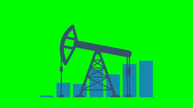 Land crude oil drilling rig, derrick, pump jack. Price per barrel. Oil rig on the background of graphs and charts. Falling price. Pumpjack on oil price chart. 2d flat animation. Alpha channel
