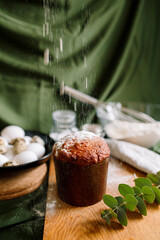 Traditional Easter cakes (kulich) with glaze, nuts, and dried fruits. Rustic still lifes with milk, eggs, willow branches, gift boxes, and festive decorations for Orthodox Easter celebration.
