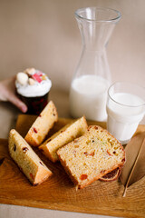 Traditional Easter cakes (kulich) with glaze, nuts, and dried fruits. Rustic still lifes with milk, eggs, willow branches, gift boxes, and festive decorations for Orthodox Easter celebration.
(198 сим