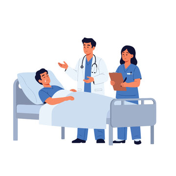 Vector illustration of a doctor visiting a patient in a hospital room. A man is lying in bed during hospitalization or intensive care.