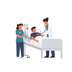 Vector illustration of a doctor visiting a patient in a hospital room. A man is lying in bed during hospitalization or intensive care.