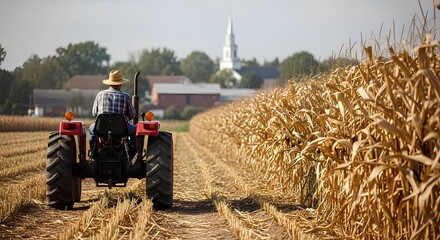 Farmer on a tractor harvesting a cornfield with a rural town and church in the background.