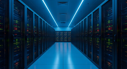 Fototapeta premium Data Center Corridor: A futuristic, symmetrical data center corridor, illuminated with blue lighting, lined with server racks and a technological atmosphere. 