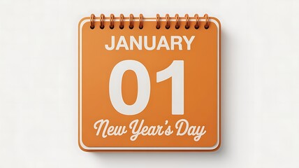 Close up of an orange desk calendar showing january first and new years day with a spiral binding