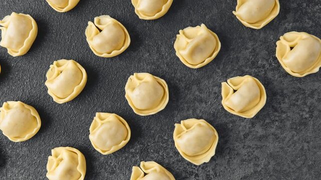 Many fresh uncooked Italian pasta tortellini are scattered on a dark grey textured background, showing intricate shapes ready for cooking.