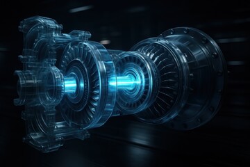 Machine's blue brilliance:A close-up image of the inner workings of the machine showcasing it's glowing core that represents technology, innovation, and precision engineering.