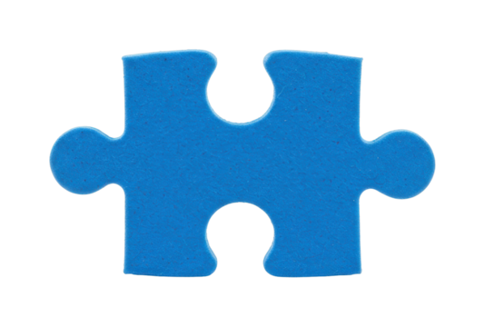 Single blue puzzle piece. Cut out PNG