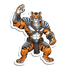 Naklejka premium Mighty Tiger Warrior: An illustrated tiger figure, armored in steel and ready for battle, embodies strength and courage in a striking visual display.