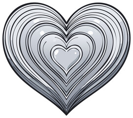 Elegant layered heart illustration in grayscale with concentric lines, representing love and connection.
