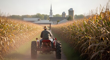 A farmer drives a vintage red tractor down a dusty path through a golden cornfield toward a distant farm and church.