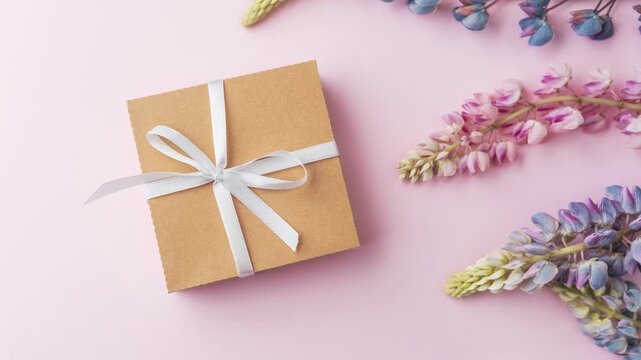 Brown cardboard gift box with a white bow on a soft pink background is surrounded by blooming pastel lupine flowers, creating a lovely flat lay.