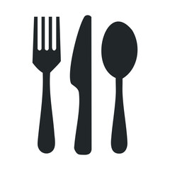 Minimalist black cutlery icons: fork, knife, spoon on white background