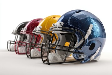Fototapeta premium Multiple football helmets arranged in side view showcasing various colors and designs with intricate patterns, highlighting the diverse styles and features of headgear used in the sport