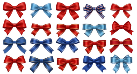 A collection of red and blue decorative bows .ai generative, transparent background, white background. isolated on white background, png, jpeg, jpg.