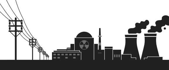 Naklejka premium Power station silhouette, nuclear plant illustration, cooling towers, smokestacks, electrical grid, energy infrastructure, electricity supply, atomic reactor