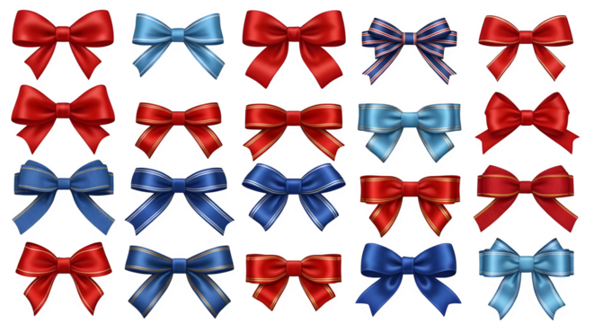 A collection of red and blue decorative bows    .ai generative, transparent background, white background. isolated on white background, png, jpeg, jpg.