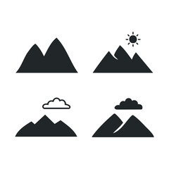 Mountain icons set with sun and clouds in minimalist design