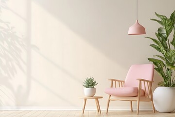 Fototapeta premium Interior design with pink chair, pink pendant lamp, and plants against beige background
