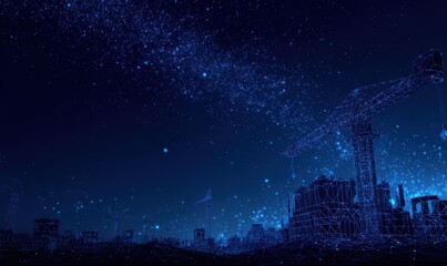 A futuristic cityscape under construction with wireframe buildings and a crane beneath a starry, cosmic night sky