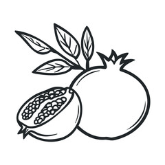 Black and white illustration of whole and halved pomegranates with leaves