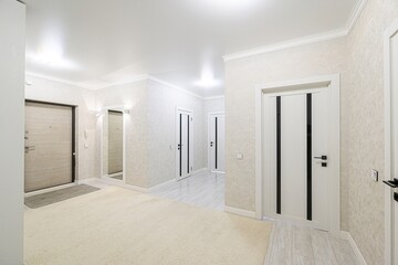 bright hallway with white walls, ceiling, and doors, contrasted by black handles and accents. A carpet and mirror add warmth