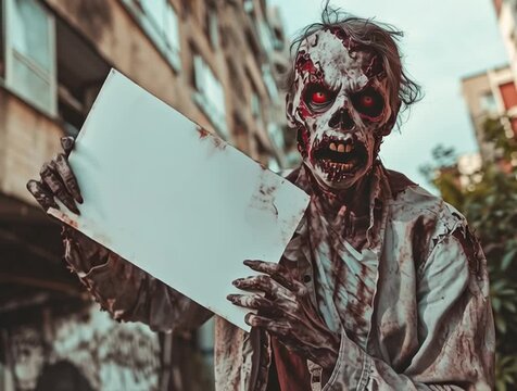 A zombie holding up a blank card - a photorealistic zombie holds up a white sign for your custom message - halloween or scary signage, invitation, party - animated, title screen.