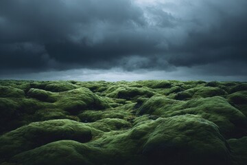 Moss-covered lava field under a dramatic sky