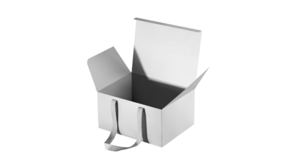 Grey cardboard box mockup with fabric handles, no logo, for product