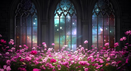 A fantastical scene with vibrant pink flowers blooming before grand gothic windows revealing a cosmic galaxy.