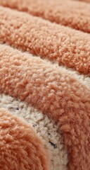 Close-up of textured, plush, striped fabric in light and dark peach tones