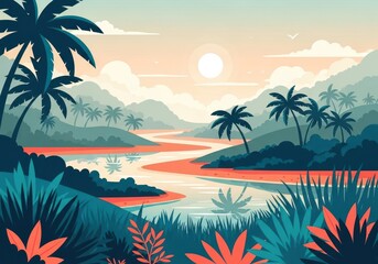 Fototapeta premium Flat illustration of a vibrant tropical landscape unfolds with a winding river flowing through lush valleys and mountains under a soft sunset sky
