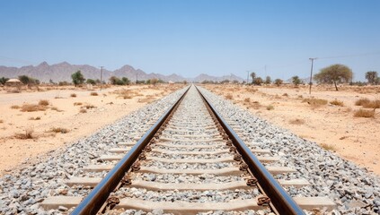 Straight railroad tracks stretching into a desert landscape under a clear sky