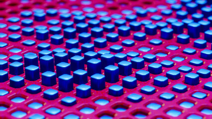 Fototapeta premium Blue buttons arranged in rows on a red surface. 3D rendering illustration