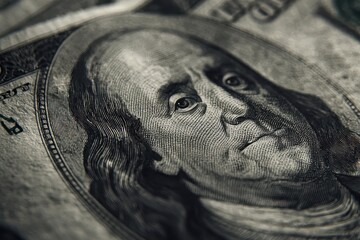 Stunning detailed view of a $100 bill showcasing Ben Franklin's face captured in a macro style with high realism and depth showcasing money print effect under ideal lighting conditions